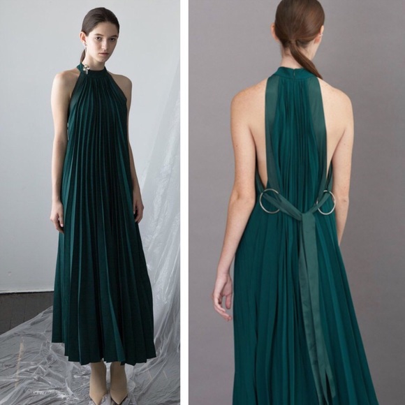 green pleated maxi dress